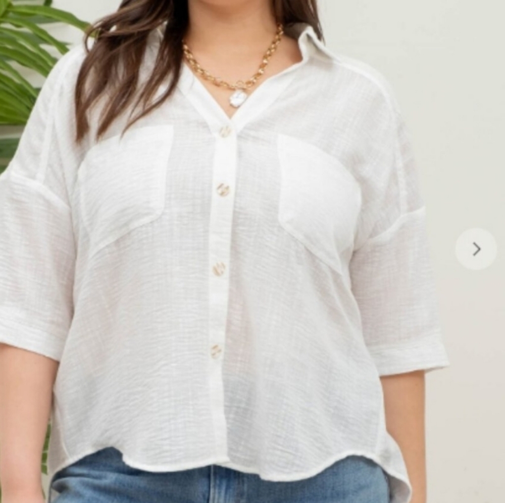 NWOT Button Front Plus Size Drop Sleeve Camp Shirt Top - White 1X